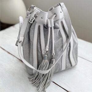 Vintage John Galliano Canvas Leather Bucket Bag Grey Zipper Fringe Tassel Italy